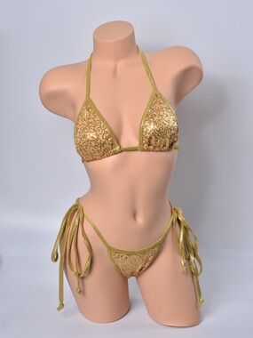 Gold Sequin Triangle Bikini Set - Women's Swim
